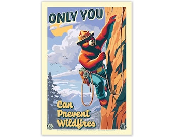Only You Can Prevent Wildfires Rock Climbing Smokey Bear Commemorative Poster | 12" x 18" Vintage WPA Style Art Print