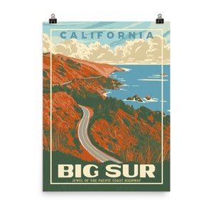 Big Sur, California | Pacific Coast Highway 1 Vintage WPA Poster Style Retro Print