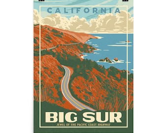 Big Sur, California | Pacific Coast Highway 1 Vintage WPA Poster Style Retro Print