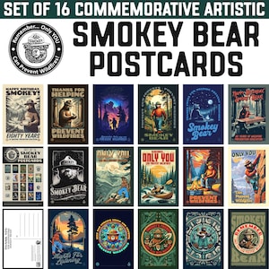 May include: Set of 16 commemorative Smokey Bear postcards featuring various illustrations of Smokey Bear, including a birthday celebration, wildfire prevention messages, and a thank you for helping message. The postcards are printed on a white background with a green border.