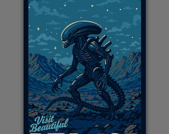 Visit Beautiful LV-426 Home of Hadley's Hope | National Park-Style WPA Travel Art  | Alien Xenomorph Fan Art Satire | 12" x 18" Print