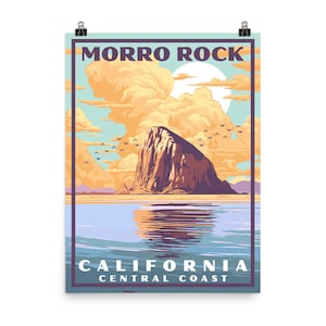 Morro Rock in Morro Bay, California WPA National Park Style Art Print | Big Sur California Coast Travel Art Print  |  Museum Quality