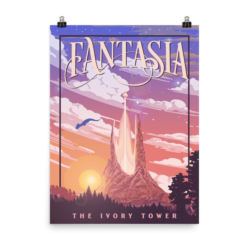 May include: A vintage travel poster design featuring a tall, white, ivory tower with a pink and purple sky. The text "Fantasia" is at the top of the poster and "The Ivory Tower" is at the bottom.