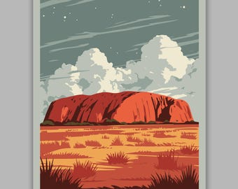 Uluṟu-Kata Tjuṯa National Park / Ayers Rock | National Park-Style WPA Travel Art Poster Print | 12" x 18" Print