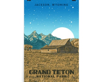 Grand Teton National Park, Jackson Wyoming | Mormon Row Barn Vintage WPA Poster Style Retro Print