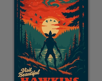 Visit Beautiful Hawkins , Indiana | National Park-Style Vintage WPA Travel Art  | Stranger Things Fan Art Satire | 12" x 18" Print