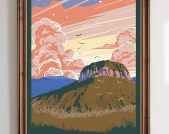 Pilot Mountain State Park - National Park Style Art Print | Vintage WPA Style Retro North Carolina Travel Poster 12"x18"
