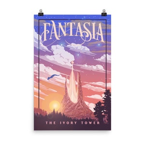 May include: A vintage travel poster design featuring a fantasy landscape with a tall, white, ivory tower in the centre. The sky is a gradient of purple, pink, and orange with clouds and stars. The text "Fantasia" is at the top of the poster in a stylised font. The text "The Ivory Tower" is at the bottom of the poster.
