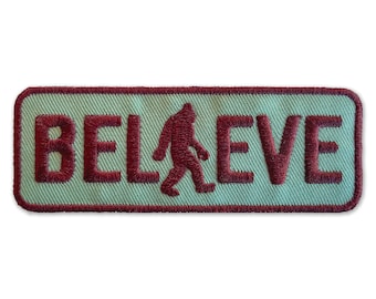BELIEVE Retro Walking Sasquatch Embroidered Bigfoot Patch - Iron-On Patch 4" x 1.5" - Great for Trucker Hats