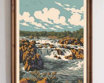 Great Falls Park -  National Park Style Art Print | Vintage WPA Style Retro Virginia Fall Line Travel Poster 12"x18"
