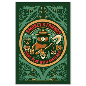 Smokey's vrienden spelen niet met lucifers Retro minimalistische Smokey Bear Poster | 12" x 18" WPA-stijl kunstafdruk
