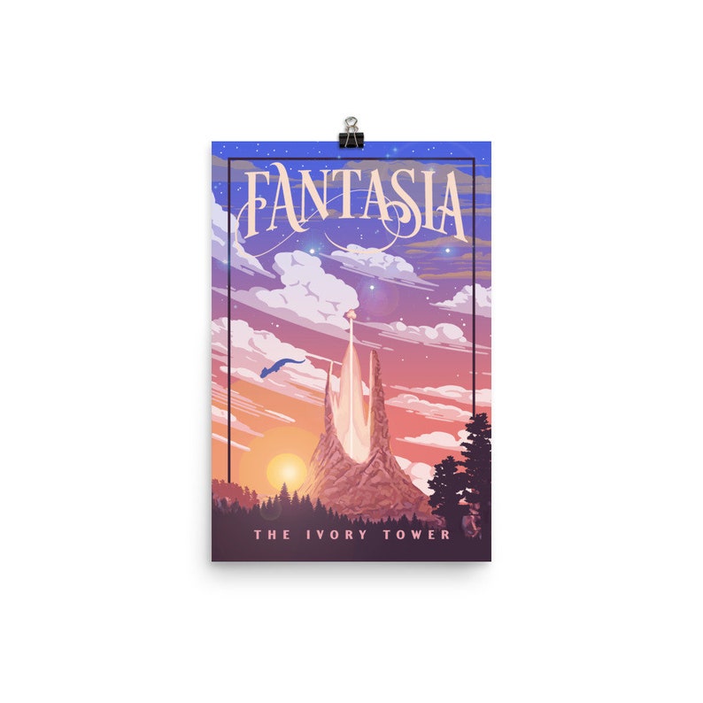 May include: A poster depicting a fantasy landscape with a tall, white tower against a blue sky with pink clouds. The text "Fantasia" is at the top of the poster, and the text "The Ivory Tower" is at the bottom.