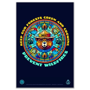 Gebrandschilderd glasstijl Houd onze bosgroene en groeiende Smokey Bear-poster | 12" x 18" WPA-stijl retro kunstprint