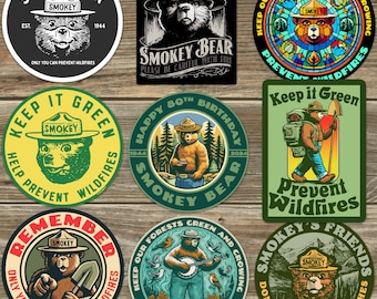 Megapaquete de pegatinas clásicas vintage Smokey Bear para interiores y exteriores con licencia oficial: 9 pegatinas premium.