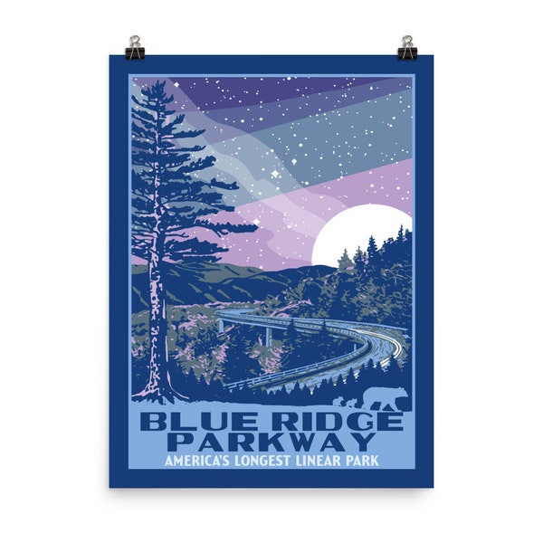 Blue Ridge Parkway Starry Night Drive  |   Vintage WPA Style Original Art Poster Print