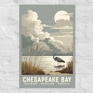 Chesapeake Bay Vintage WPA National Park Style Art Poster | Retro Virginia Delaware Maryland Estuary Blue Heron Travel Print 12&quot; x 18&quot;