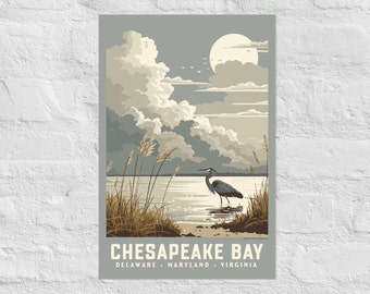 Chesapeake Bay Vintage WPA National Park Style Art Poster | Retro Virginia Delaware Maryland Estuary Blue Heron Travel Print 12" x 18"