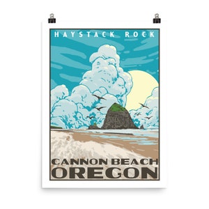 Cannon Beach Oregon & Haystack Rock | Vintage WPA Poster Style Retro Goonies Fan Print