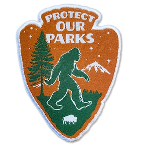 Protect Our Parks! Woven Bigfoot Sasquatch Patch - Iron-On Embroidered Edge Patch 3.5" x 2"