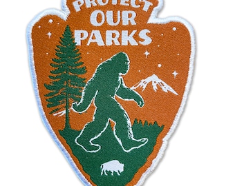 Protect Our Parks! Woven Bigfoot Sasquatch Patch - Iron-On Embroidered Edge Patch 3.5" x 2"