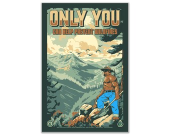 Only You Can Prevent Wildfires Smokey Bear Rocky Mountains Poster | 12" x 18" WPA Style Art Print