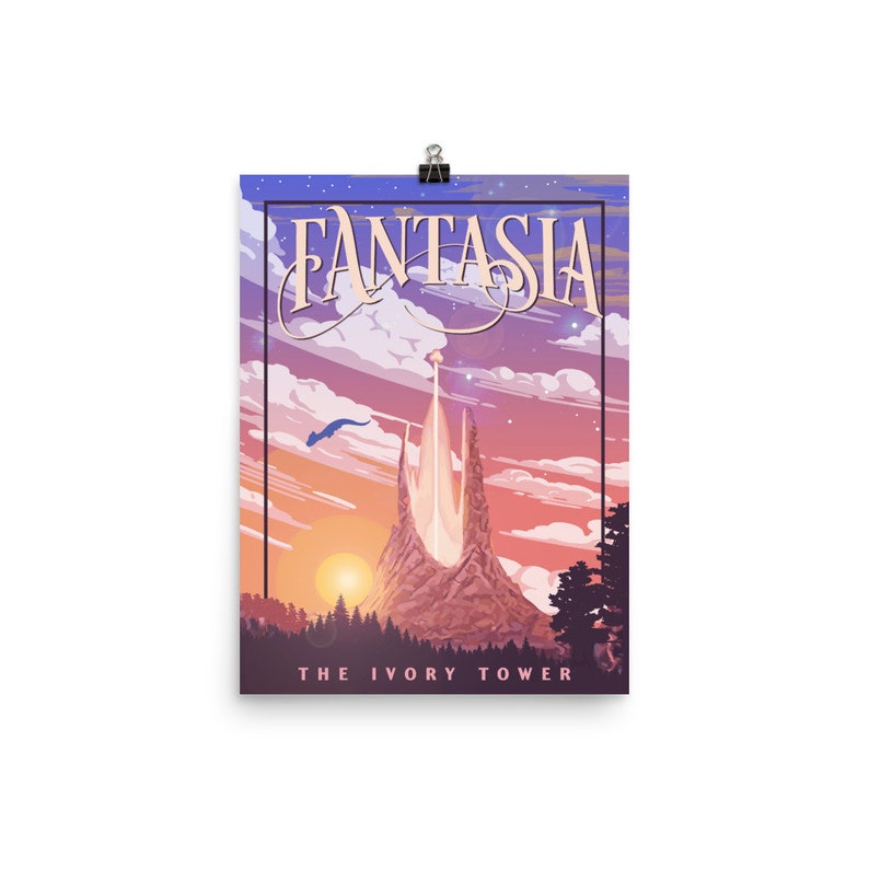 May include: A vintage travel poster design featuring a tall, white, rocky mountain with a pointed peak. The mountain is surrounded by a purple, pink, and orange sunset sky with clouds. The text "Fantasia" is written in a stylized font at the top of the poster, and the text "The Ivory Tower" is written at the bottom.
