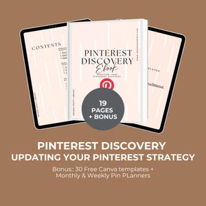 Op de afbeelding: Een digitaal marketing ebook getiteld "Pinterest Discovery Ebook" met het Pinterest logo. De cover is lichtroze met zwarte tekst. Het ebook wordt weergegeven met twee tablets die de inhoud en sjablonen tonen. Het ebook bevat 19 pagina's plus een bonus.