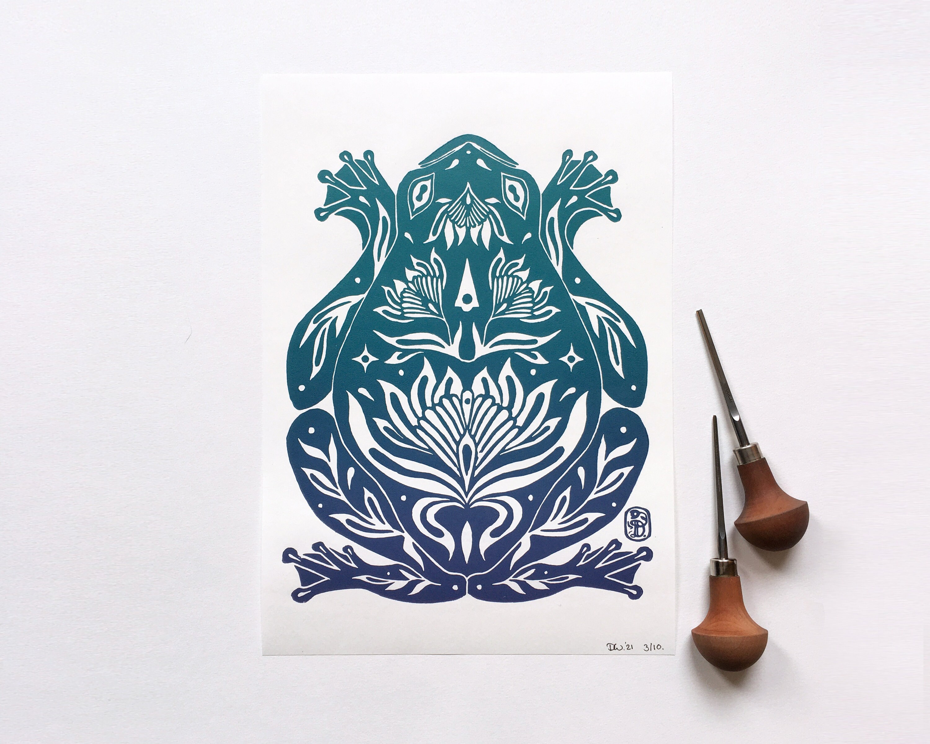 A4 Frog Linocut Print Limited Original Art Modern Florals Art Gradient ...