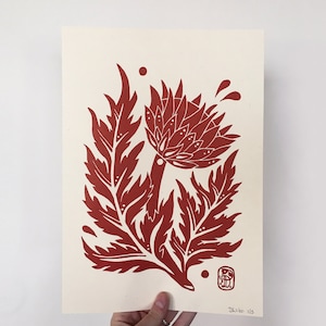 Red A4 Cynara cardunculus flower linocut print - original artprint - printmaking linoleum block relief print hand made wall decor botanical