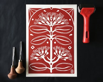 A4 red metrosideros excelsa linocut print - original artprint - red ink artwork wall decor printmaking art noveau floral print botanical art