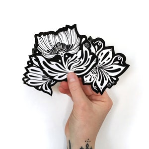 Floral sticker pack 3 black and white flower stickers botanical stickers, white florals sticker set image 1
