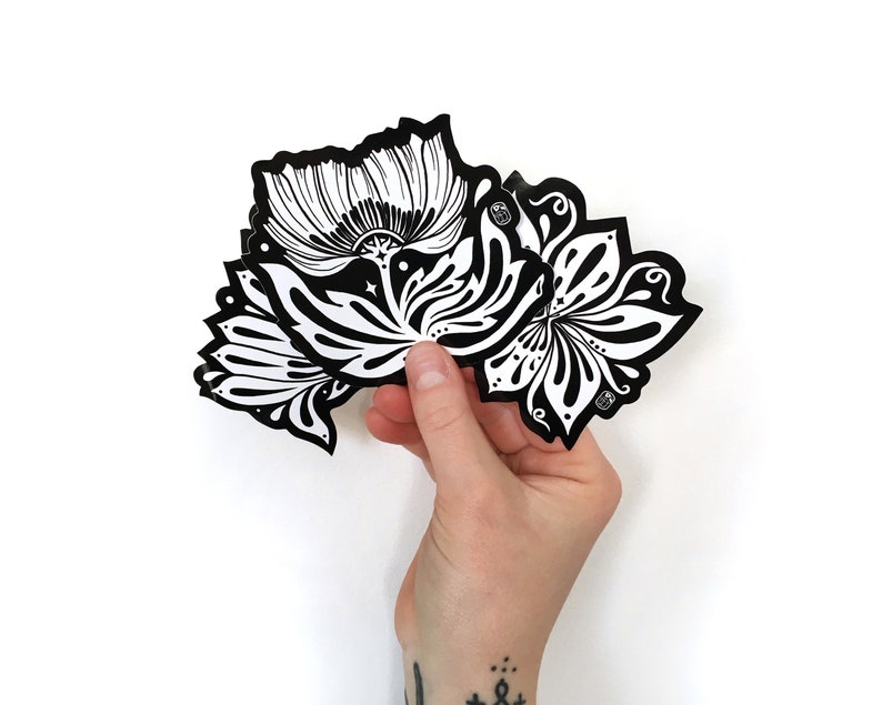 Floral sticker pack 3 black and white flower stickers botanical stickers, white florals sticker set image 1