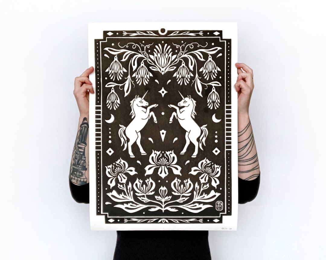 A2 Lino Print Unicorns Black Ink White Paper - Limited Edition ...
