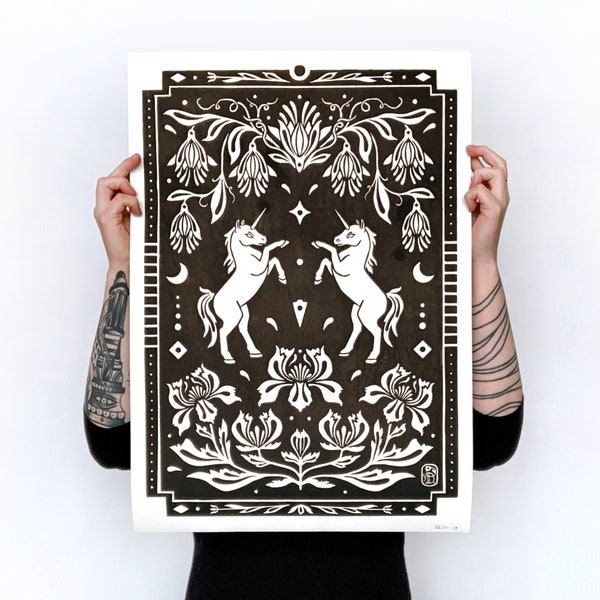 A2 lino print unicorns black ink white paper - Limited edition botanical linocut flowers and unicorns handmade home decor horses dark floral