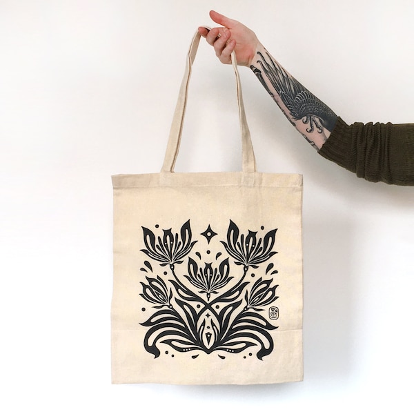 Sac fourre-tout en coton épais écru sérigraphié - Édition très limitée - Sac floral en linogravure