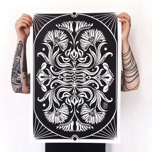 Stampa linoleum A2 foglie lunghe inchiostro nero carta bianca - Edizione limitata fiori botanici linoleum fiori neri decorazioni per la casa fatte a mano