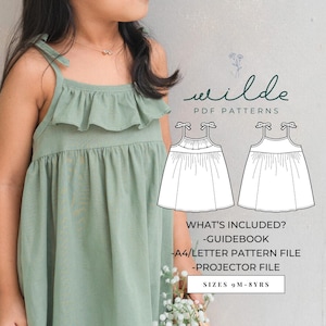 Op de afbeelding: Een groene, mouwloze jurk met een gerimpelde halslijn. De jurk wordt getoond op een kindmodel. De afbeelding bevat ook een digitale illustratie van het jurkpatroon, met de tekst "wilde PDF PATTERNS" en "WHAT'S INCLUDED? -GUIDEBOOK -A4/LETTER PATTERN FILE -PROJECTOR FILE SIZES 9M-8YRS".