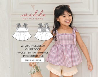 Oakley Top PDF Sewing Pattern | Girls Babydoll Ruffle Top | Tie Strap | Curved Hem | Projector & A0 Print File | Beginner Friendly