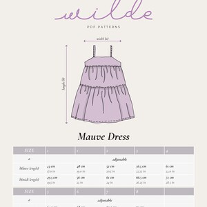 May include: Mauve Dress sewing pattern with size chart in inches and centimeters. The chart includes measurements for the knee length and midi length of the dress.