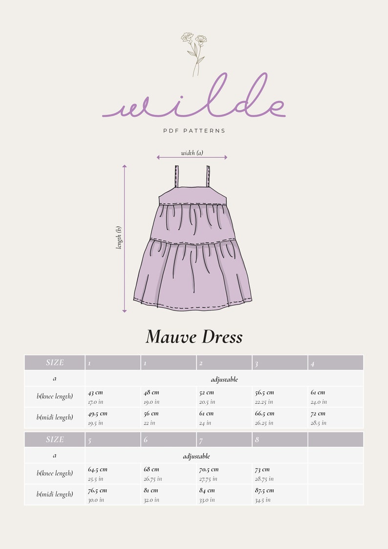 May include: Mauve Dress sewing pattern with size chart in inches and centimeters. The chart includes measurements for the knee length and midi length of the dress.