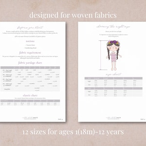May include: A printable sewing pattern for a girl's dress with a floral crown, featuring a chart with 12 sizes for ages 18 months to 12 years. The pattern is designed for woven fabrics.