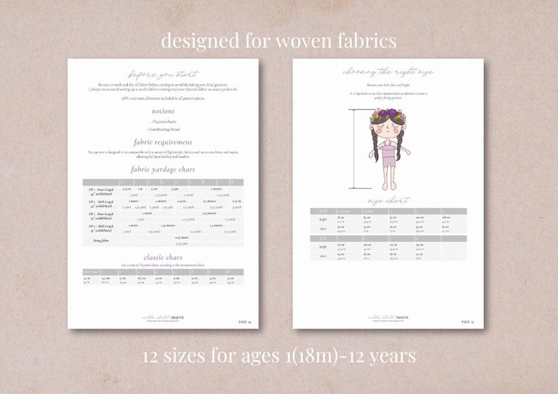 May include: A printable sewing pattern for a girl's dress with a floral crown, featuring a chart with 12 sizes for ages 18 months to 12 years. The pattern is designed for woven fabrics.