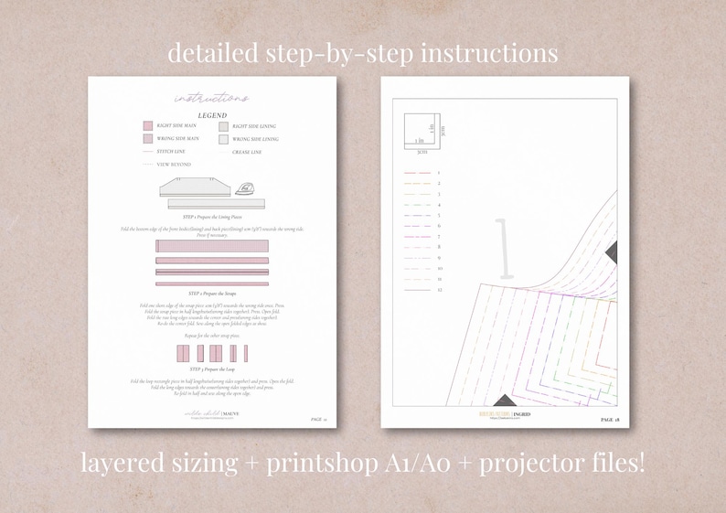 May include: A set of instructions for a layered paper craft project. The instructions include a legend with icons and text, and a diagram with lines and numbers. The text on the page reads "detailed step-by-step instructions" and "layered sizing + printshop A1/Ao + projector files!"