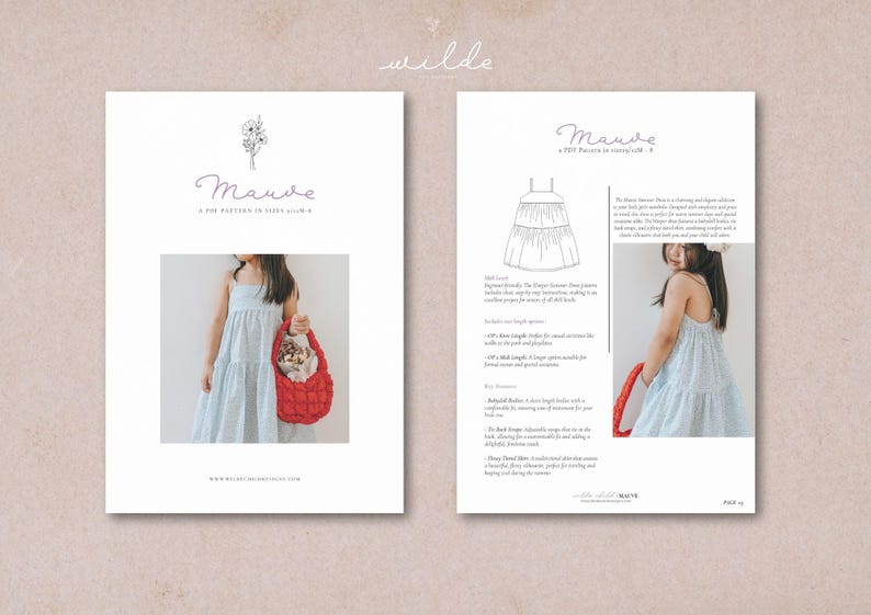 May include: A sewing pattern for a tiered dress called "Mauve" by Wilda. The pattern includes instructions and a line drawing of the dress.