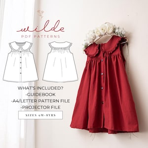 May include: A digital sewing pattern for a red sleeveless dress with a white Peter Pan collar and button closure. The pattern includes a guidebook, A4/letter pattern file, and projector file. Sizes 9 months to 8 years.