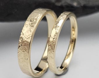 Handmade 14K Yellow Gold Hammered Wedding Ring Set, His and Hers Matching Wedding Bands