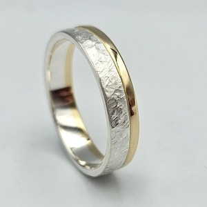 Two Tone Mens Wedding Band, Hammered Sterling Silver and Gold Mixed Metal Ring