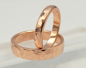 Hammered Wedding Ring Set, Rose Gold Plated Wedding Band Set, His and Hers Rings, Couples Gift, Rustic Engagement Rings, Matching Rings