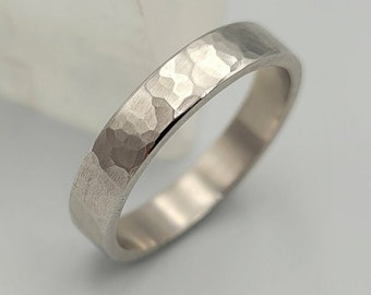 Silver Hammered Wedding Ring, Men&#39;s Wedding Band, Unisex Ring, Thumb Ring, Men&#39;s Ring, Textured Band, Women&#39;s Engraved  Ring, Gift For Him