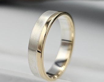 Two Tone Mens Wedding Band, Brushed Sterling Silver and Gold Ring, Mixed Metal Jewelry